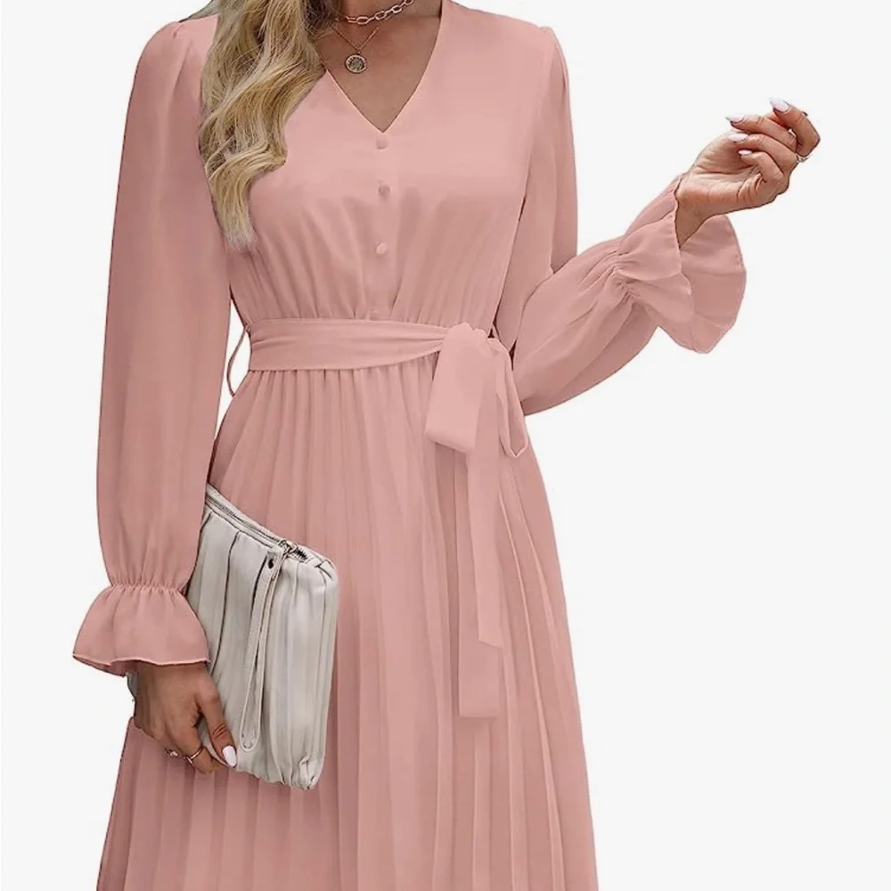 Pleated long sleeve v neck mini dress